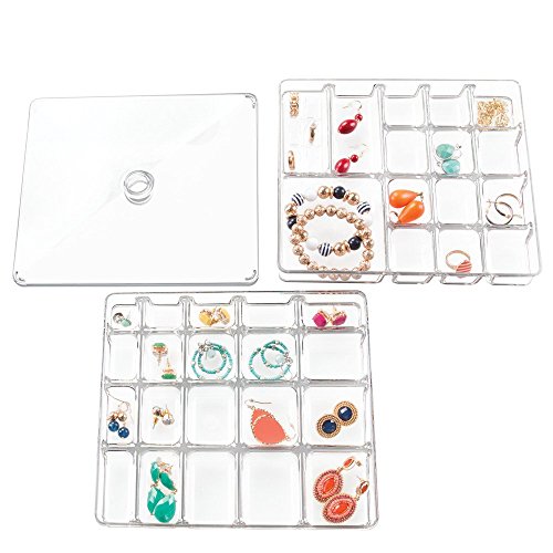 iDesign Linus Plastic BPA-Free Fashion Jewelry Vanity and Drawer Organizer, Tray for Rings, Earrings, Bracelets, Necklaces, 8.75" x 7.75" x 2.75", Set of 3, Clear 2 Piece