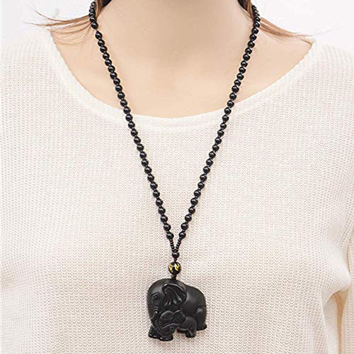 ASGIFT Obsidian Lucky Necklace Power Stone Amulet Protection Pendant with Adjustable Bead Chain Healing Crystal Spiritual Gift Elephant Mother