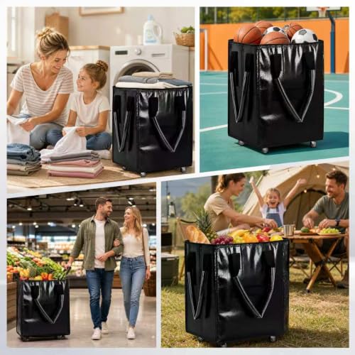 Collapsible Rolling Bag with 4 Wheels,Carries Up to 66lb Rolling Tote Bag,Rolling Grocery Bag for Shopping Black