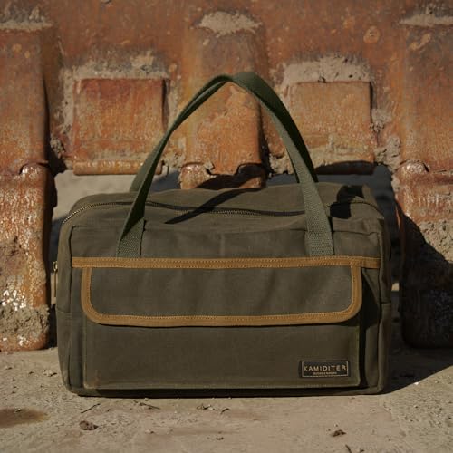 Kamiditer retro handled utility small tote tool bag in army green with contrasting color accents