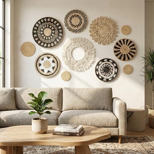 11 Pcs Boho Wall Basket Decor, Bulrush Woven Wall Hanging, Multi Size