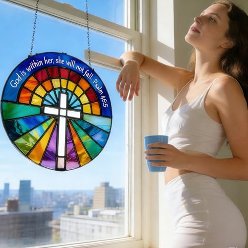 8" Sun Catcher Stained Glass Stained Glass Window hangings - God is Within Her Psalm 46:5 Bible Verse Design - Colorful Rose Window Cross Religious Suncatcher - Christian Gift for Women