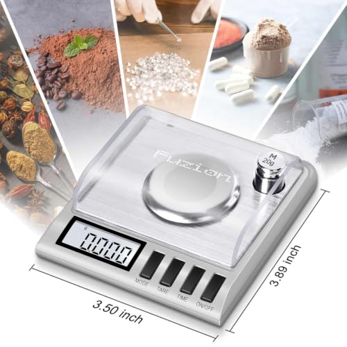 Fuzion silver digital milligram scale with 0.001g precision, 50g capacity, powder tray and accessories
