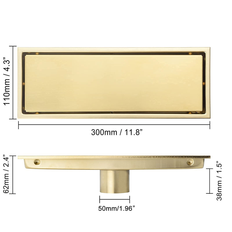 Linear Shower Drain Pipe 12 Inches Brushed Gold, with Tile Insert Grille, Detachable Hidden Cover, SUS304 Stainless Steel Rectangular Floor Drain