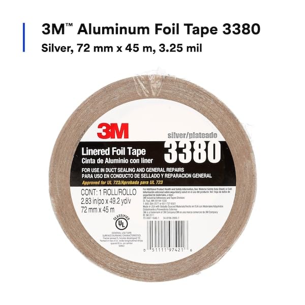 3M Aluminum Foil Tape 3380, Silver, 72 mm x 45 m, 3.25 mil