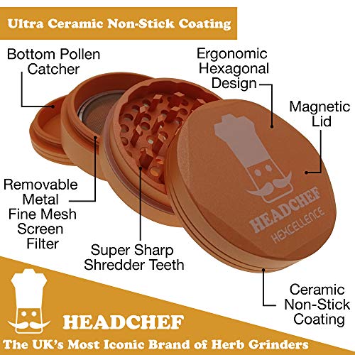 Headchef Hardcore Hexellence Ceramic Non-Stick Coated Metal Herb Grinder, 4 Piece, 62mm (Orange)