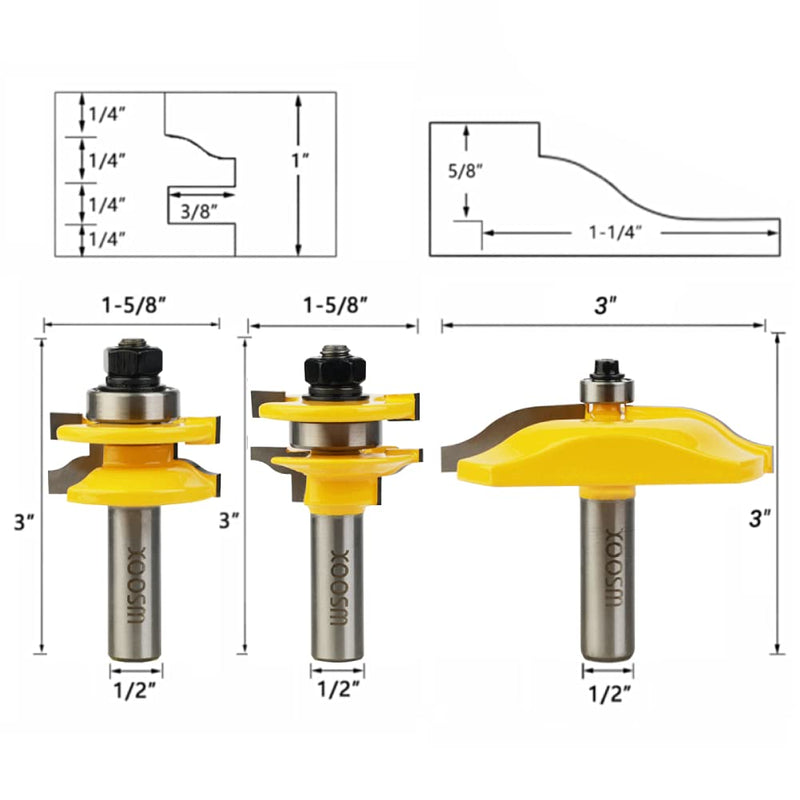 1/2 Inch Shank Router Bit Set, Round Over Raised Panel Cabinet Door Ogee Rail and Stile Router Bits, Woodworking Wood Cutter, Groove Tongue Milling Tool for Woodworking 1/2-Inch Shank