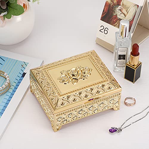 Hipiwe Gold Vintage Jewelry Box Rectangle Metal Trinket Organizer for Women Medium