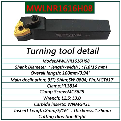 5/8" Lathe Excircle Indexable Carbide Turning Tool Holder MWLNR1616H08 + Metal Lathe Internal Boring Bar S16Q-MWLNR08 + Indexable Carbide Turning Inserts WNMG431(WNMG080404)……