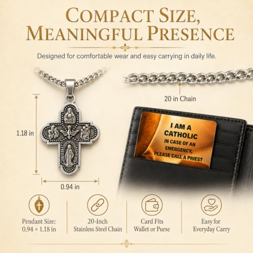 Catholic Four Way Scapular Medal Necklace with Alloy Cross Pendant, 20 Inch Stainless Steel Chain, Emergency Priest ID Card and Gift Box, Sacred Heart, St. Joseph, St. Christopher silver