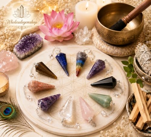 Wholesale Gem Shop 10 Piece Assorted Natural Crystal Pendulum Set, Gemstone Reiki Pendulums for Dowsing, Chakra Healing, Meditation, Divination, Energy Work & Metaphysical Gifts