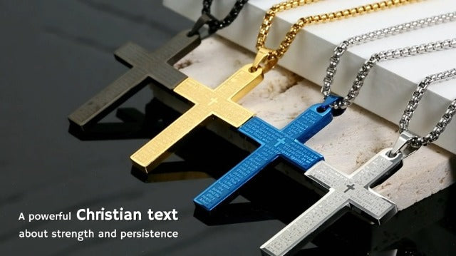 HZMAN Stainless Steel Cross Necklace for Men Women Inspiring Lord's Prayer Cross Pendant Jewelry Gift Silver
