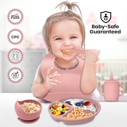 Silicone Baby Feeding Set, 14PCS, Baby plates and bowls Set - Silicone Bibs Pink
