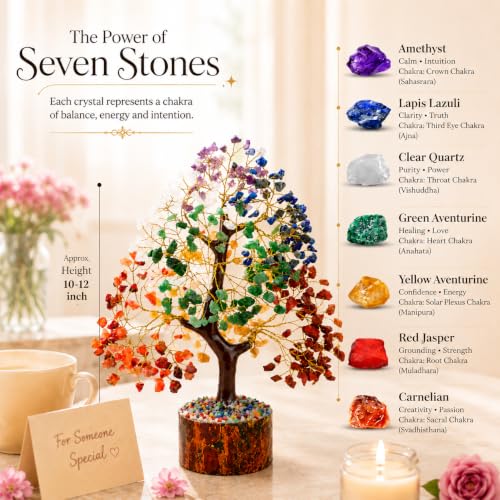 Crocon® 7 Chakra Crystal Tree of Life, Healing Crystals Tree 10-12 Inch, 001 Seven Chakra (Golden Wire)