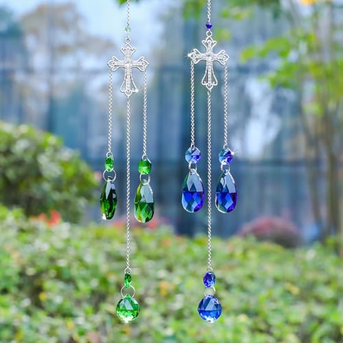 Cross Suncatcher, 16 Inch Blue Green Crystal Sun Catcher, Cross Gift for Religious, Christian Gifts, Easter Faith Home Decor Set of 2