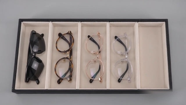 HERCHR 5 Grid Stackable Eyeglass Storage Holder Organizer, Sunglass Drawer Organizer Glasses Tray Display Case Box Eyeglasses Watches Jewelry Display for Dresser or Store Countertop Black