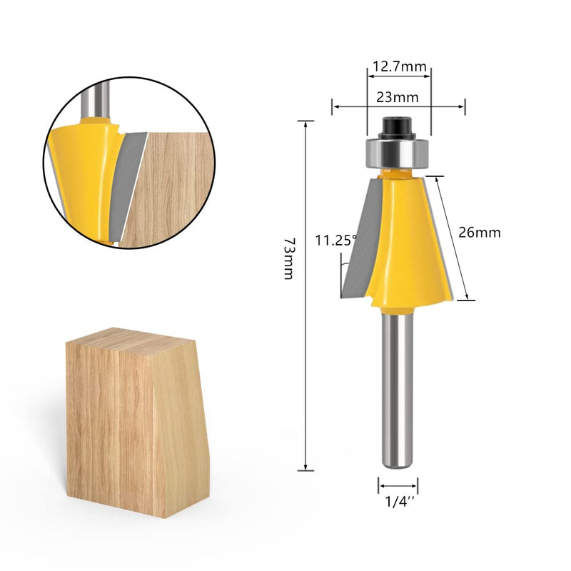 5PCS Chamfer Router Bits with 1/4" Shank Bevel Edge Forming Router bits (11.25°,15°,22.5°,30°,45°.) 1/4 inch shank, 11.25°-15°-22.5°-30°-45° degrees
