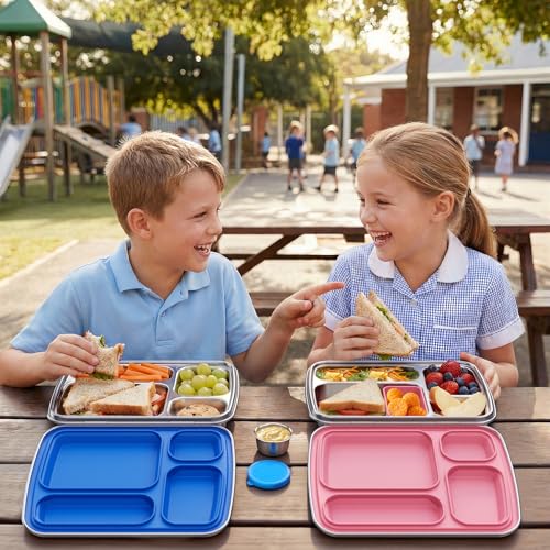 Stainless Steel Bento Box for Kids, Kids Lunch Box with 4-Compartment, Metal Lunch Box with Silicone Container & Sauce Cup, Durable Lunch Box Containers for School and Office (Pink) Pink