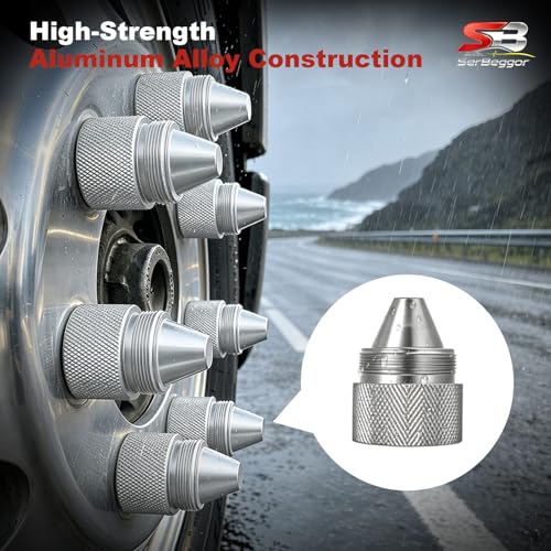 SerBeggor silver cone-shaped aluminum alloy lug nuts, sealed end caps, 12-piece set for Kenworth and Volvo trucks