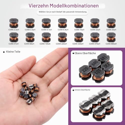 Swpeet 140pcs 14 Values 2.2UH.680UH CD54 Wire Wound SMD Power Inductor Assortment Kit, 5.8 mm Chip Inductors with 2.2UH 3.3UH 4.7UH 6.8UH 10UH 22UH 47UH 68UH 100UH 220UH 330UH 47UH 7UH 68 uh