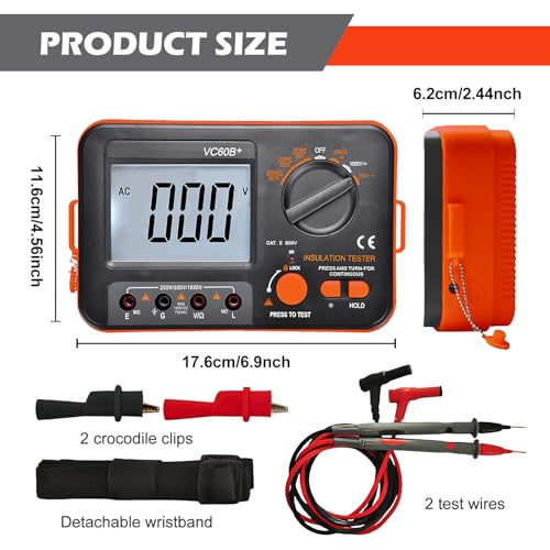 Digital Megohmmeter, Insulation Resistance Tester Insulation Resistance 0.1MΩ-2GΩ with 250V/500V/1000V Test Voltage with Backlit LCD Display, Includes Measuring Tips Crocodile Clips