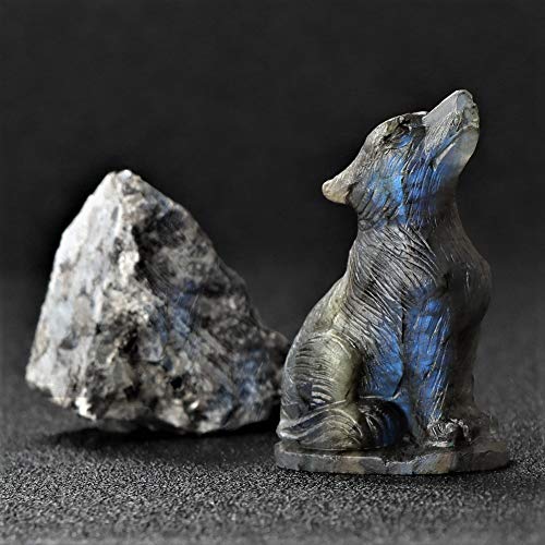Artistone 2.0" Labradorite Crystal Wolf Statue Decor Hand Carved Gemstone Wolf Gifts Figurines Animal Carving Sculpture Crystal and Healing Stones Home Decoration (Gift Box)