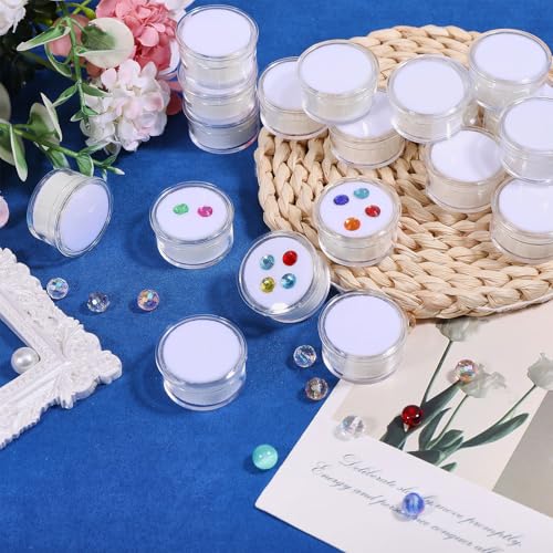 CHGCRAFT 50 Pcs Mini Round Stone Box Small Loose Diamond Gemstone Display Case with Clear Top Lids and Sponge, White, 1.2×0.7 Inch