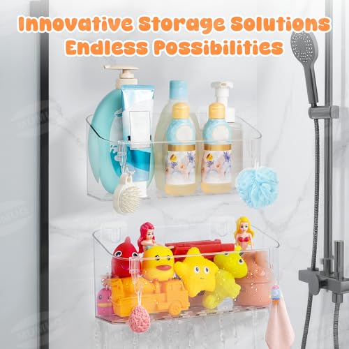 Two clear adhesive shower caddies for bath toys, designed for baby and toddler bathroom storage, by MUMUQ.