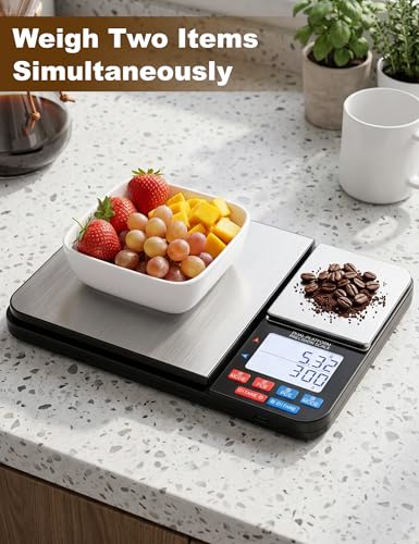 Dual Platform Digital Kitchen Scales, 10kg/1g & 500g/0.01g High Precision Food Scales for Baking, Cooking & Coffee, Stainless Steel Weighing Scales with Backlit LCD, Tare & PCS