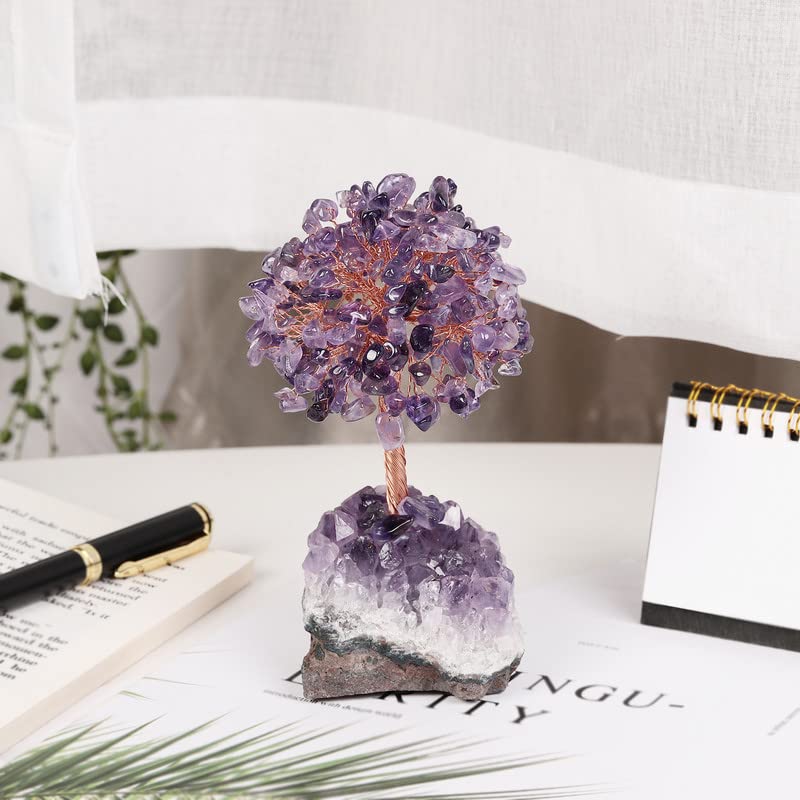 Natural Healing Stones Crystal Tree on Amethyst Druzy Base Bonsai Tree of Life for Health and Luck Healing, Home Office Indoor Outdoor Decor, Amethyst #5- Amethyst