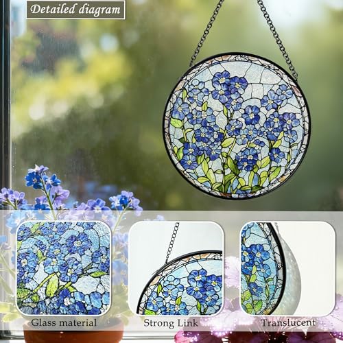 8 Inch Handmade Forget Me Not Stained Glass Suncatcher, Blue Floral Window Hanging Decor, Memorial Gift for Plant Lovers, Couples, Best Friends & Family Forget-me-not