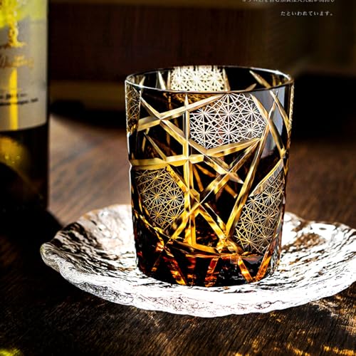 JINZHI Edo Kiriko Old Fashioned Glasses Japanese Style Crystal Amber 8 0z Black Diamond Cut Glass Cup Tumbler for Vodka Cocktail Whiskey