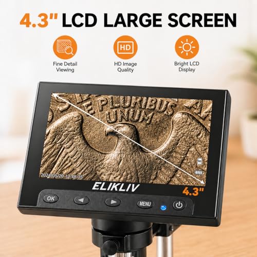 Elikliv Microscope, LCD Digital Coin Microscope 1000x, Coin Magnifier with 8 Adjustable LED Lights, PC View Compatible with Windows/MacBook, EDM4, 4.3-Inch White