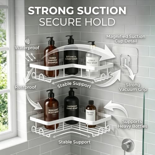 2 Pack L-Shaped Corner Shower Caddy, Rustproof Stainless Steel Adhesive Shower Shelf with Hooks, No Drill Wall Mounted Bathroom Organizer, Shampoo, Soap & Accessories Holder for Shower Storage, White 2