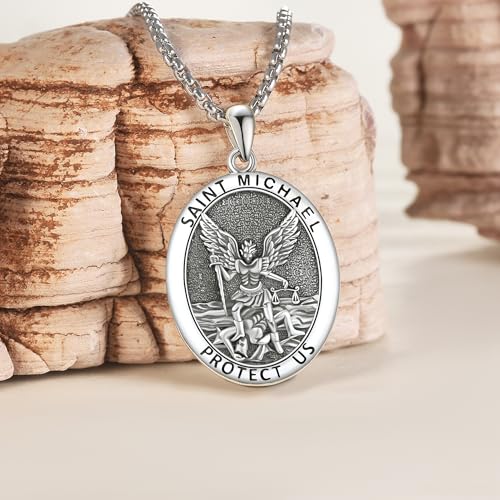VONALA St Michael Necklace for Men 925 Sterling Silver Saint Michael Archangel Michael Necklace Amulet Protection Catholic Jewelry for Women Men