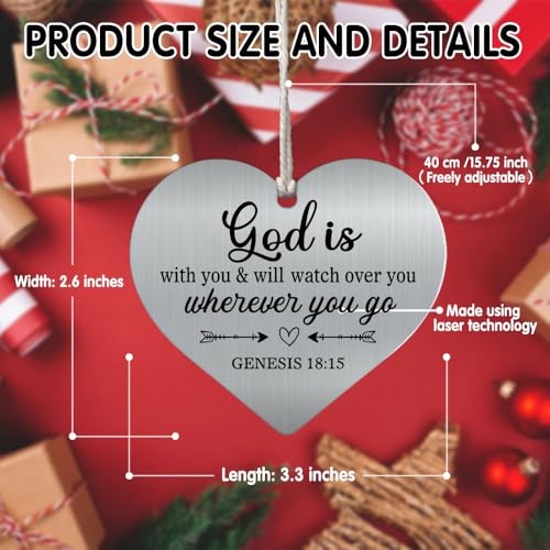 XQLZY God is with You & Will Watch Over You Wherever You Go Stainless Steel Love Rear View Mirror Car Charm, Religious Car Heart Charm Gifts for Woman Mom Aunt, Graduation Gifts for Daughter Son Silver024