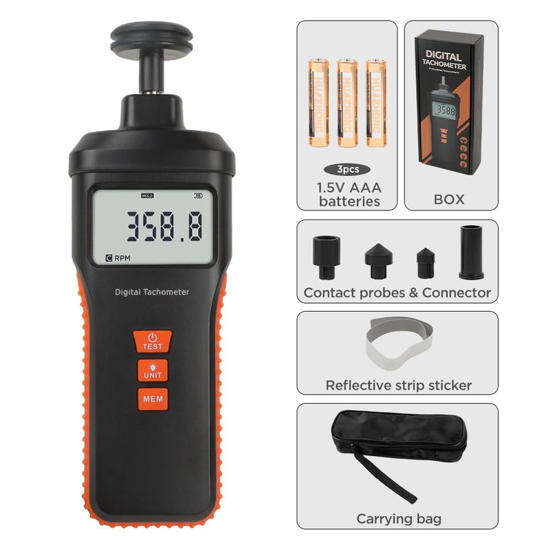 [Australia - AusPower] - Tachometer Contact & Non-contact Digital Tachometer 4 Test Mode Laser Photo Tachometer 1.0?99999RPM High Accuracy RPM Tachometer with 4 Contact Probes, Backlit Display, Data Memory/Hold,Auto Power Off 