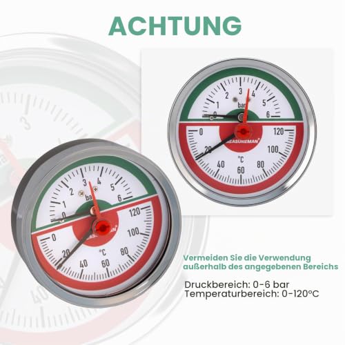 Thermal Pressure Gauge, 80 mm Dial, 0-6 Bar/120°C, Black Steel Case, G1/2 Rear Connection