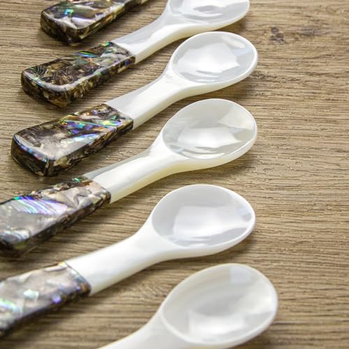 DUEBEL Set of 6 Caviar Spoons of Abalone Handle, 4" Mother of Pearl Spoons for Caviar Serving, Egg Serving, Catering Deroration, Restaurant Tableware
