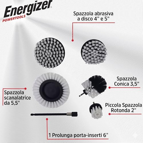 Energizer 6-Piece Drill Brush Attachment Set - Power Scrubber Cleaning Kit with 6" Extension Rod - Multi-Purpose Scrub Brushes for Bathroom, Shower, Tile, Grout & Car Cleaning, White