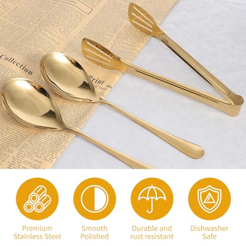 12pcs Gold Stainless Steel Serving Utensils Sets,8 Large Serving Spoons,4 Serving Tongs,Gold Serving Utensills Sets Metal Buffet Banquet Cutlery for Parties Weeding Birthday Entertaining Catering