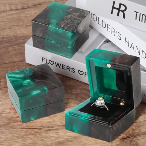 Wedding Ring Box, Engagement Ring Box with Single Slot Handcrafted Stabilized Wood and Resin Jewelry Box for Proposal Wedding Ceremony, Jewelry Organizer Elegant and Retro Ring Holder Box(Green) Black
