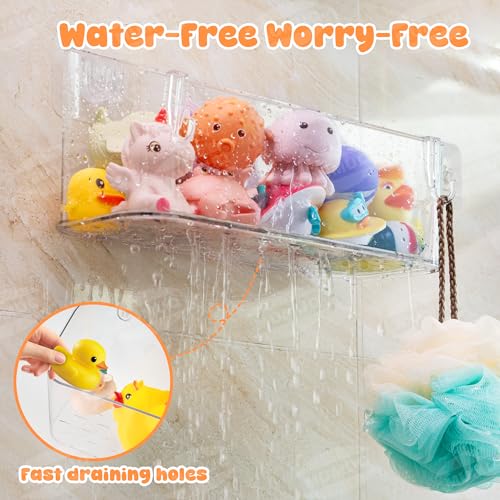 Two clear adhesive shower caddies for bath toy storage, rectangular shape, suitable for baby and toddler bathrooms by MUMUQ.
