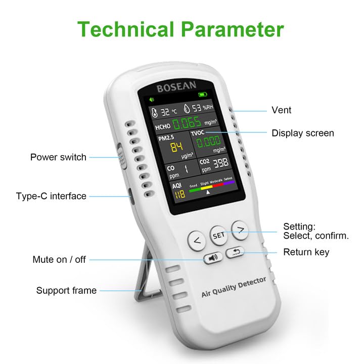 [Australia - AusPower] - 8-in-1 Indoor Air Quality Monitor, Formaldehyde Detector, Temperature & Humidity Meter, Sensor, Tester Detect PM2.5, CO, CO2, HCHO,TVOC,AQI Micron Dust, Home Air Test Kits 