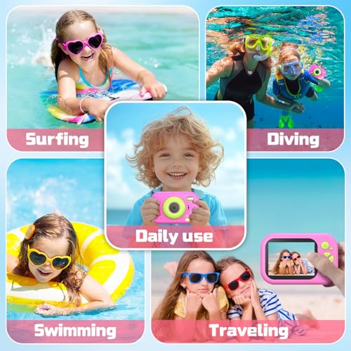Kids Waterproof Camera, IP67 Underwater Digital Camera, 1080P 48MP, 32GB Pink