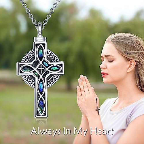 YFN Celtic Cross Urn Necklace Sterling Silver Celtic Knot Ashes Pendant Abalone Shell Cross Cremation Jewellery Gifts for Women Men
