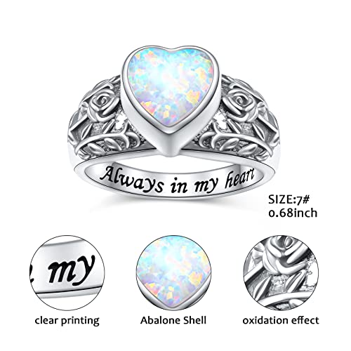 Heart Opal Sunflower Roseflower Tree of Life Urn Ring for Ashes 925 Sterling Silver Cremation Jewelry Ashes Keepsake Ring for Women Memorial Jewelry Bereavement Ring Size 5-10 Heart Opal 10