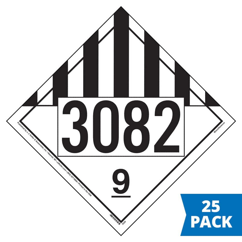 3082 Placard, Class 9 Miscellaneous 25-pk. - 10.75" x 10.75" Removable Self Adhesive Economy Vinyl for Short-Term Applications, DOT Hazmat Compliant, J. J. Keller & Associates, Inc.