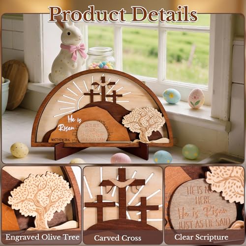 Empty Tomb Easter Scene and Christian Cross Decoration, He Is Risen Decor Wood Easter Resurrection Scene Set for Tray, Jesus Nativity Scene Decor for Religious Home Mantels Tabletop Christian Gifts