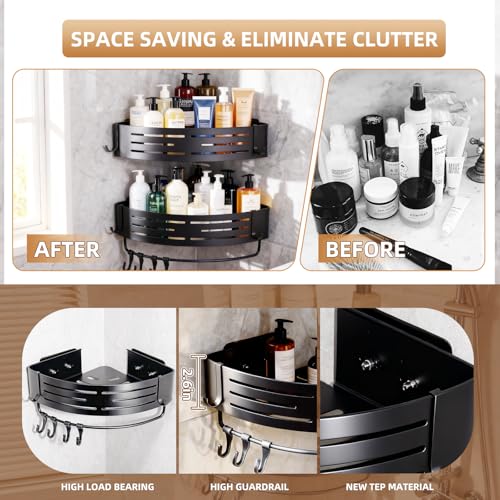 Two black adhesive corner shower caddies by Abelloly mounted in a bathroom, made of aluminum, no drilling required.